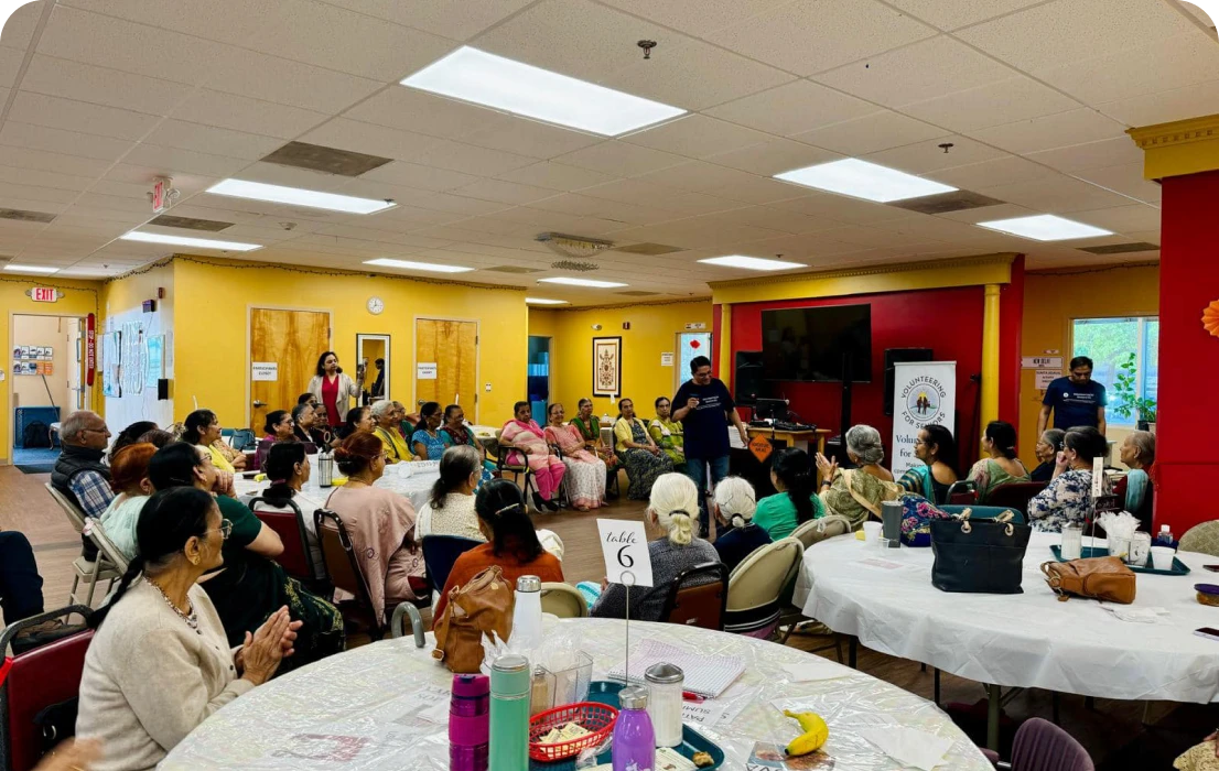 Community gathering in a colorful room