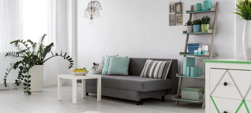 Cozy room featuring ladder shelf and couch