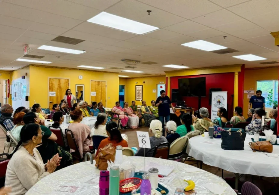 Community gathering in a colorful room