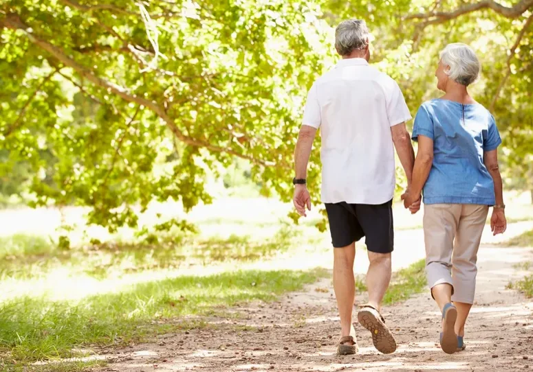 Elderly couple walking in sunny park